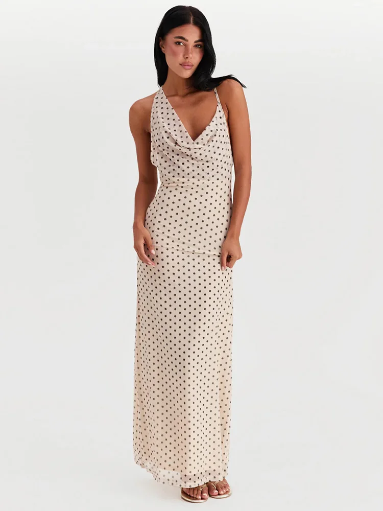 Spaghetti Strap Polka Dot Irregular V Neck Vacation Dress - Image 3