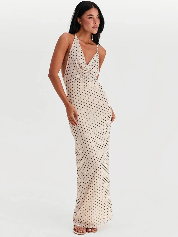 Spaghetti Strap Polka Dot Irregular V Neck Vacation Dress - Image 4
