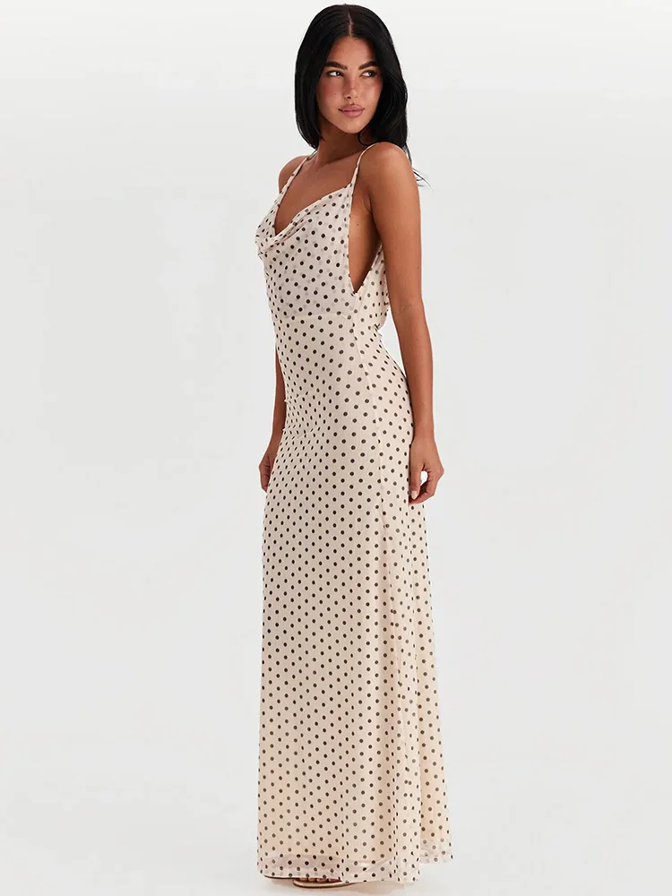 Spaghetti Strap Polka Dot Irregular V Neck Vacation Dress - Image 5