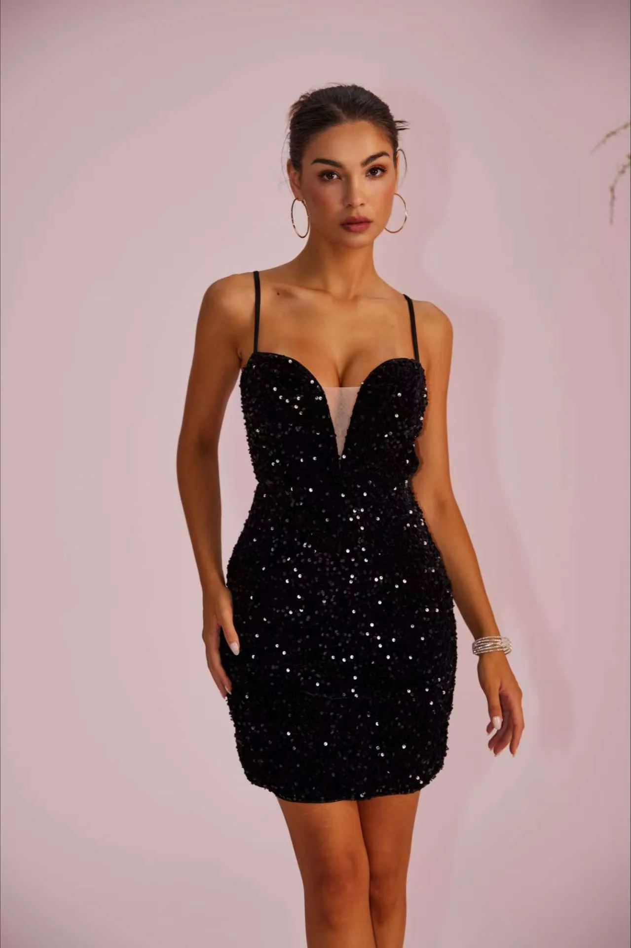 Spaghetti Strap Sequin Paneled Sheer Slit Party Dress - Image 2