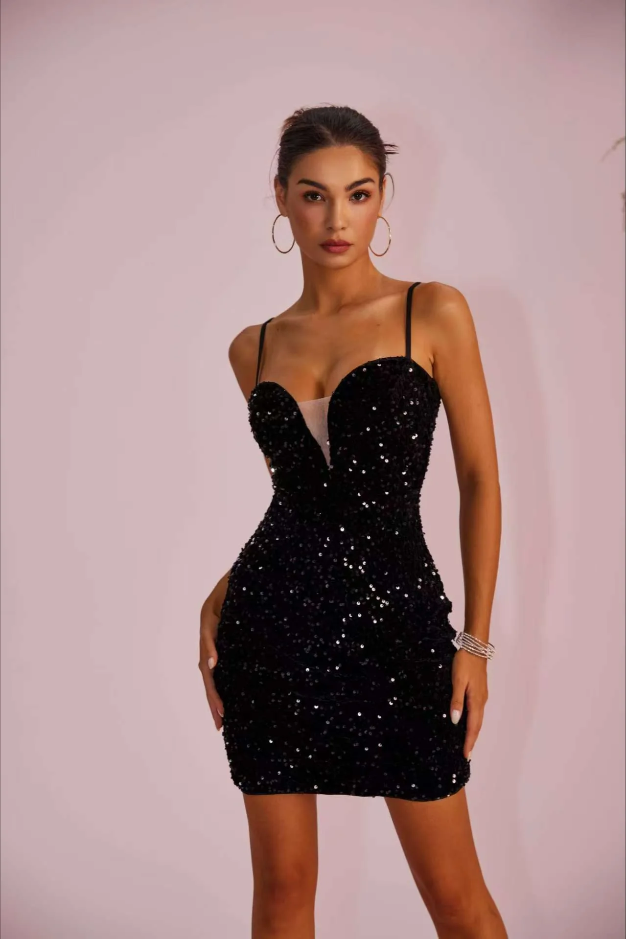 Spaghetti Strap Sequin Paneled Sheer Slit Party Dress - Image 3