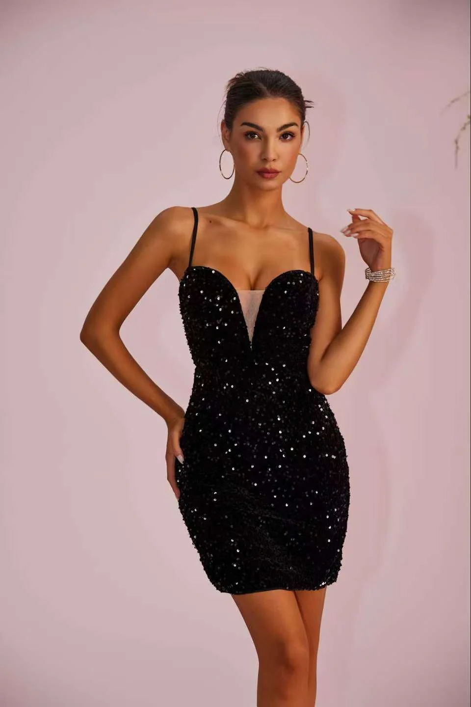 Spaghetti Strap Sequin Paneled Sheer Slit Party Dress - Image 4