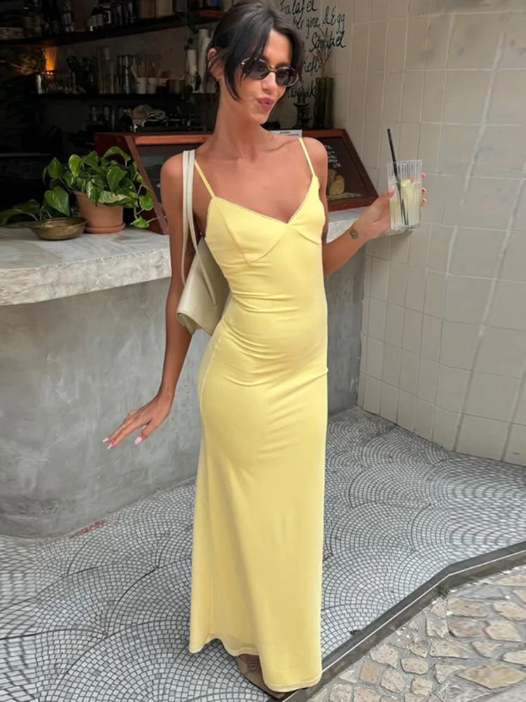 Spaghetti Yellow Sleeveless Bodycon Dress - Image 4