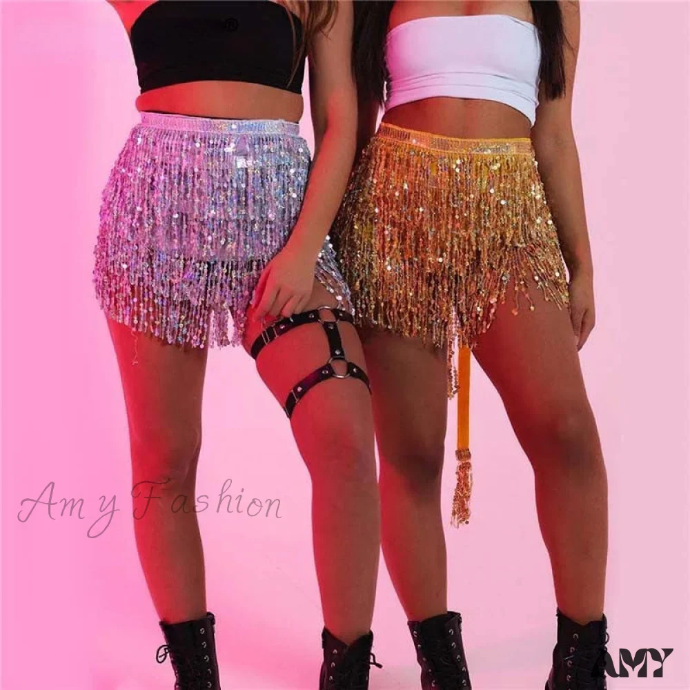 Amy Fashion - Sparkle Sequined Tassel Lace Up Shiny Skirt - Image 3