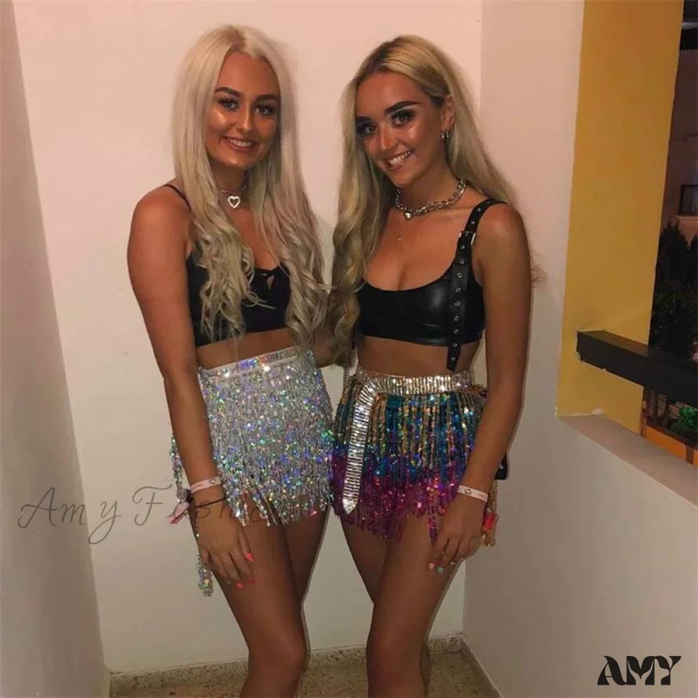 Amy Fashion - Sparkle Sequined Tassel Lace Up Shiny Skirt - Image 4
