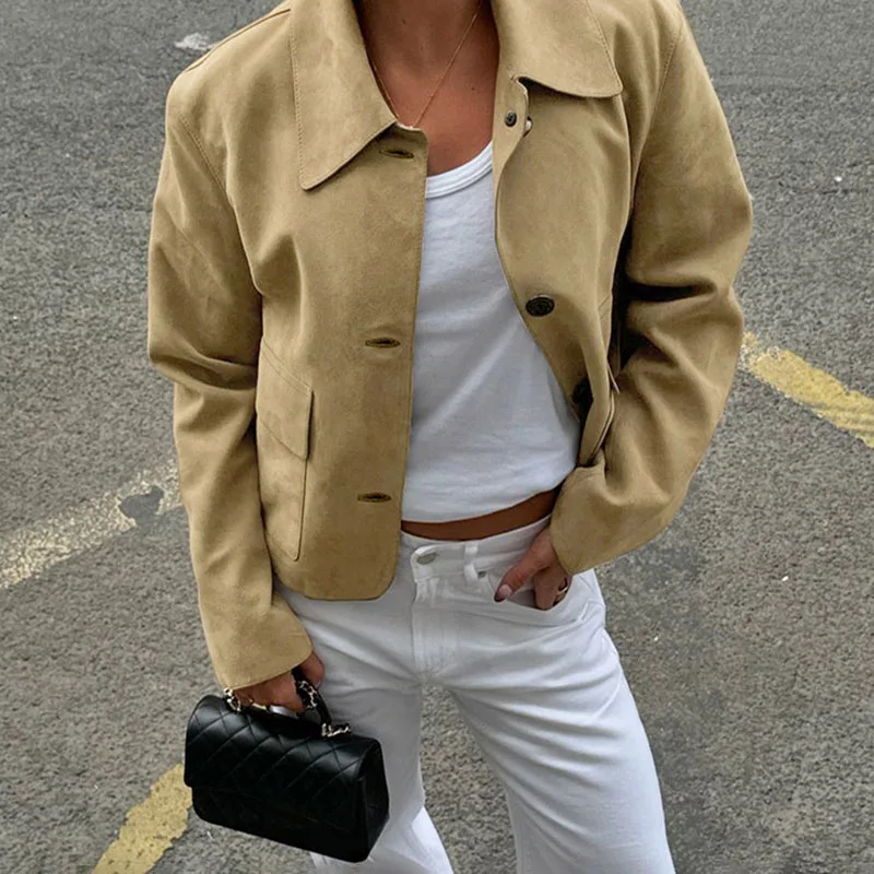 Splice Suede Lapel Casual Short Coat - Image 2