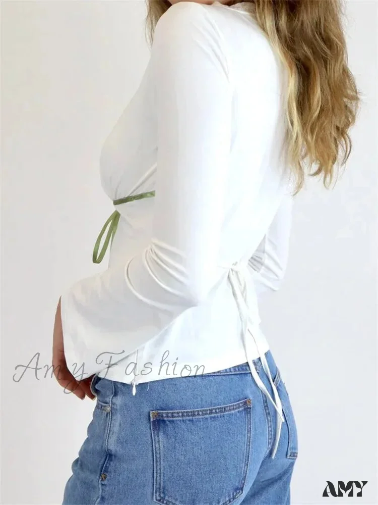 Amy Fashion - Spring Autumn Slim Fit Long Flare Sleeve V Neck Lace Patchwork T-shirts - Image 3