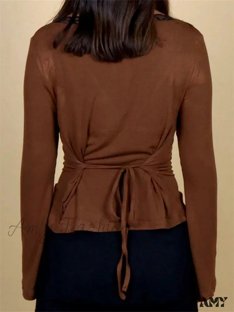 Amy Fashion - Spring Autumn Slim Fit Long Flare Sleeve V Neck Lace Patchwork T-shirts - Image 4