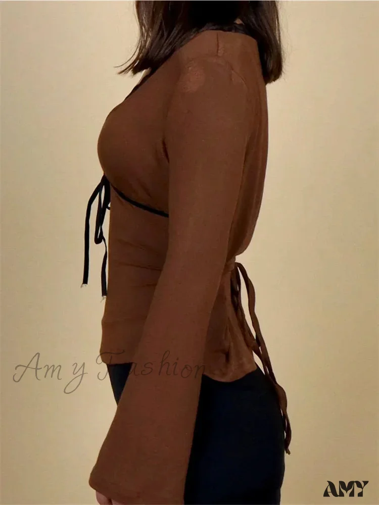 Amy Fashion - Spring Autumn Slim Fit Long Flare Sleeve V Neck Lace Patchwork T-shirts - Image 5