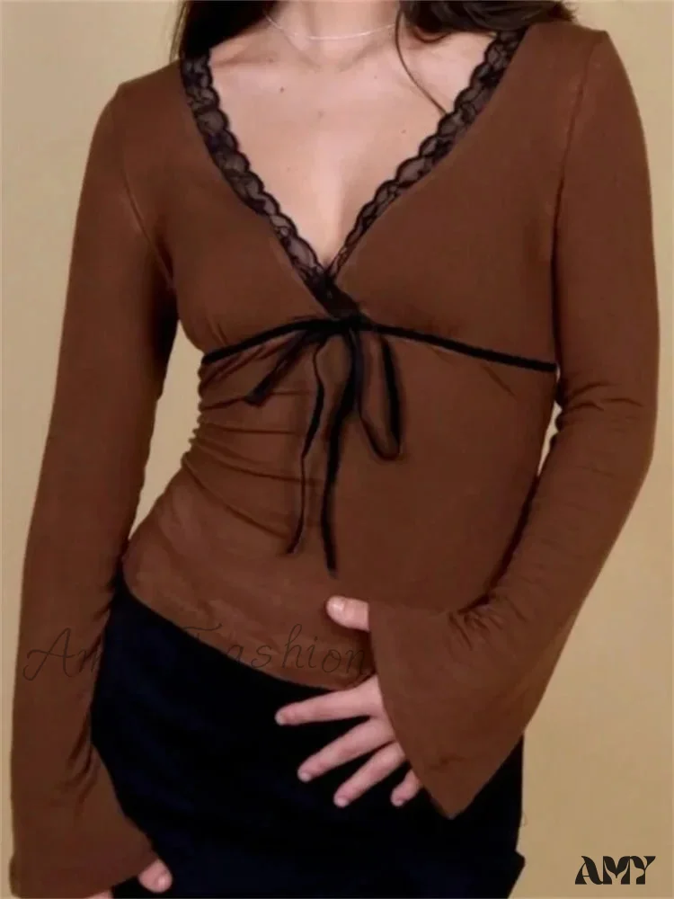 Amy Fashion - Spring Autumn Slim Fit Long Flare Sleeve V Neck Lace Patchwork T-shirts - Image 6