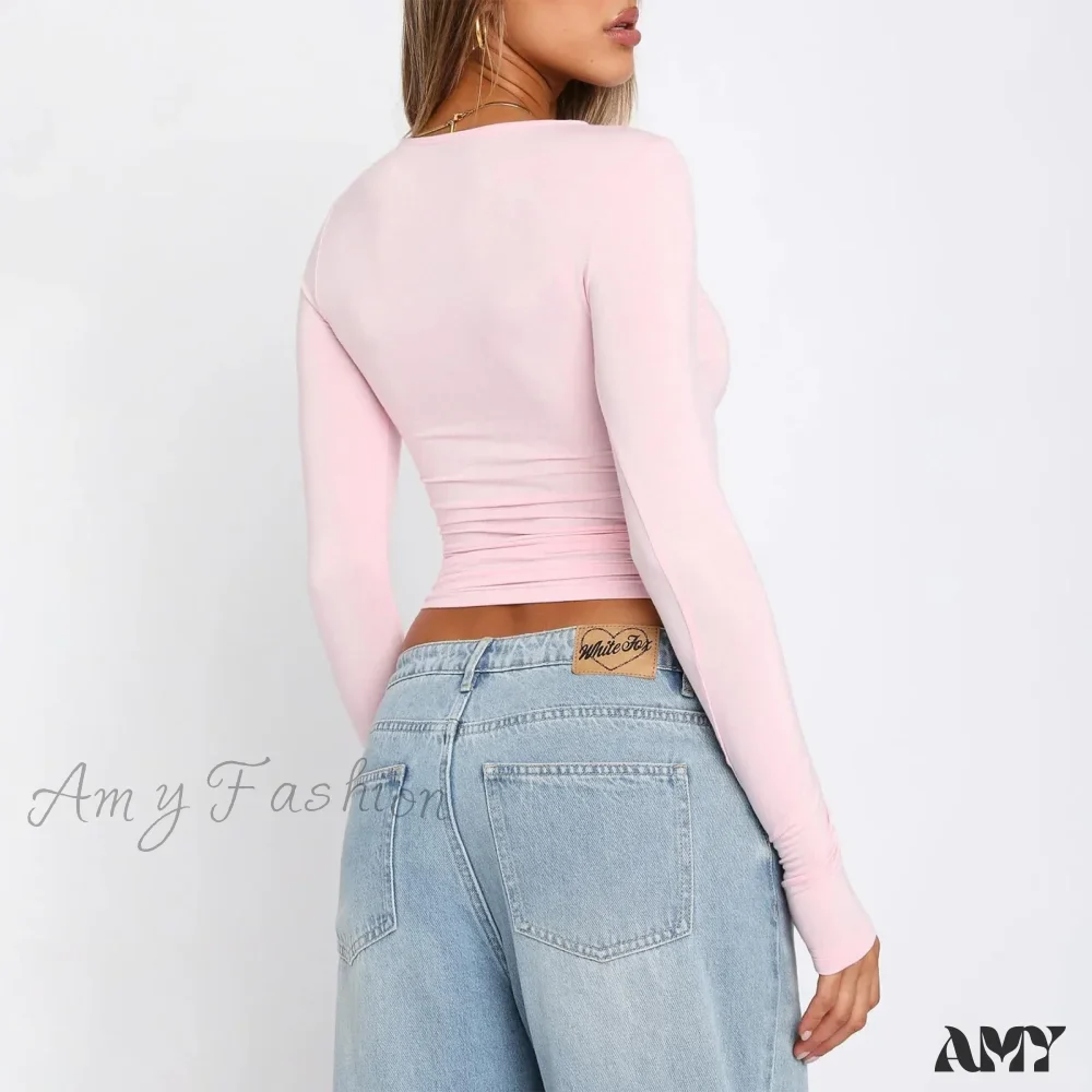 Spring Fall Slim Fit Casual Soild Ropa De Mujer Crop Top - Image 2