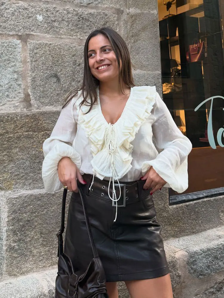 Spring Lace-Up Tiered V Neck Blouse - Image 2