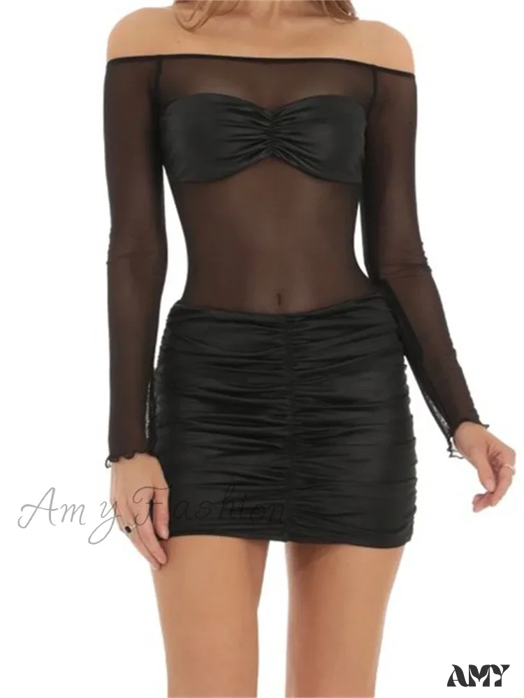 Amy Fashion - Spring Summer Mesh Sheer Patchwork Slash Neck Off Mini Dress - Image 4