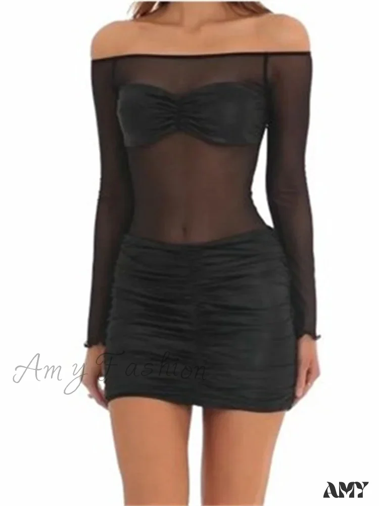 Amy Fashion - Spring Summer Mesh Sheer Patchwork Slash Neck Off Mini Dress - Image 5