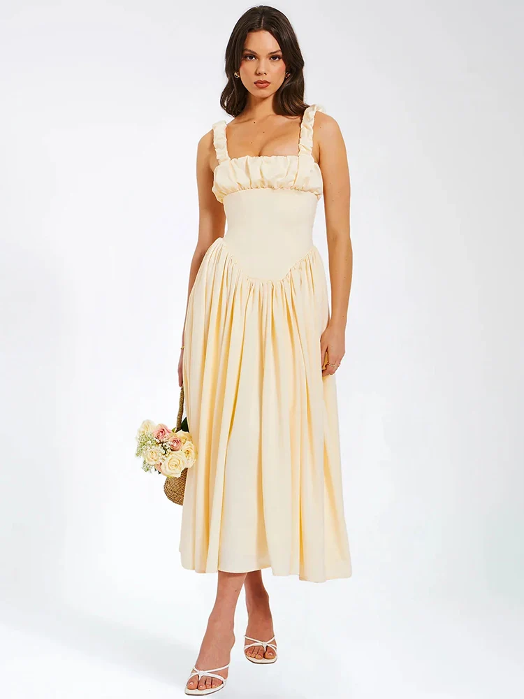 Square Neck Satin Pleated Midi Dress
