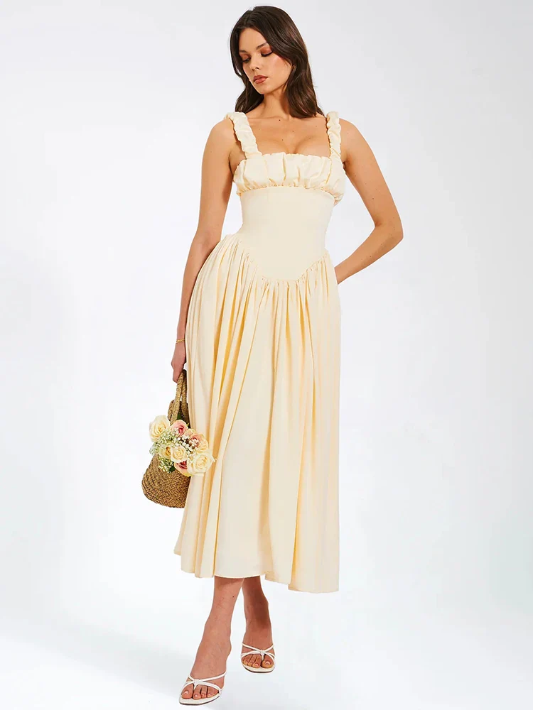 Square Neck Satin Pleated Midi Dress - Image 2