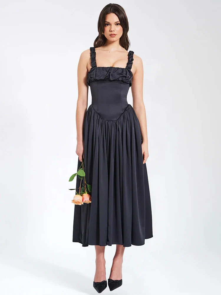 Square Neck Satin Pleated Midi Dress - Image 3