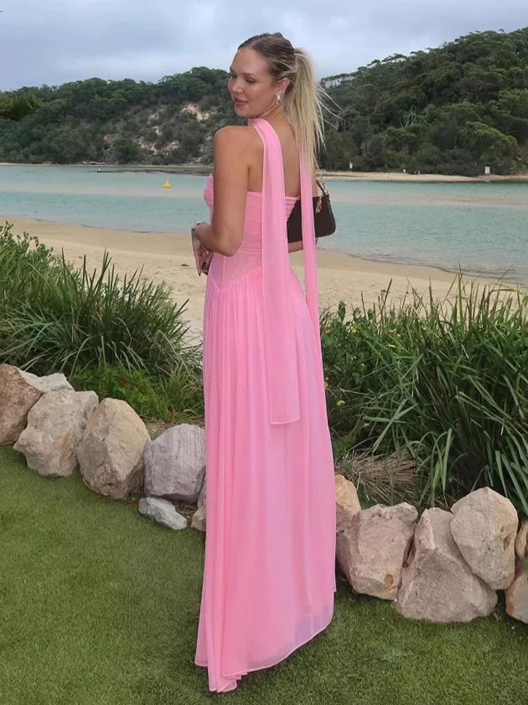 Strapless Mesh Ribbon One-Shoulder Maxi Dress - Image 2