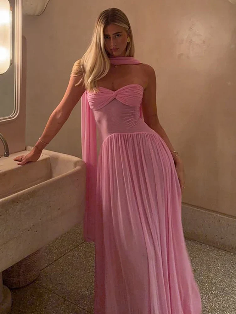 Strapless Mesh Ribbon One-Shoulder Maxi Dress - Image 3