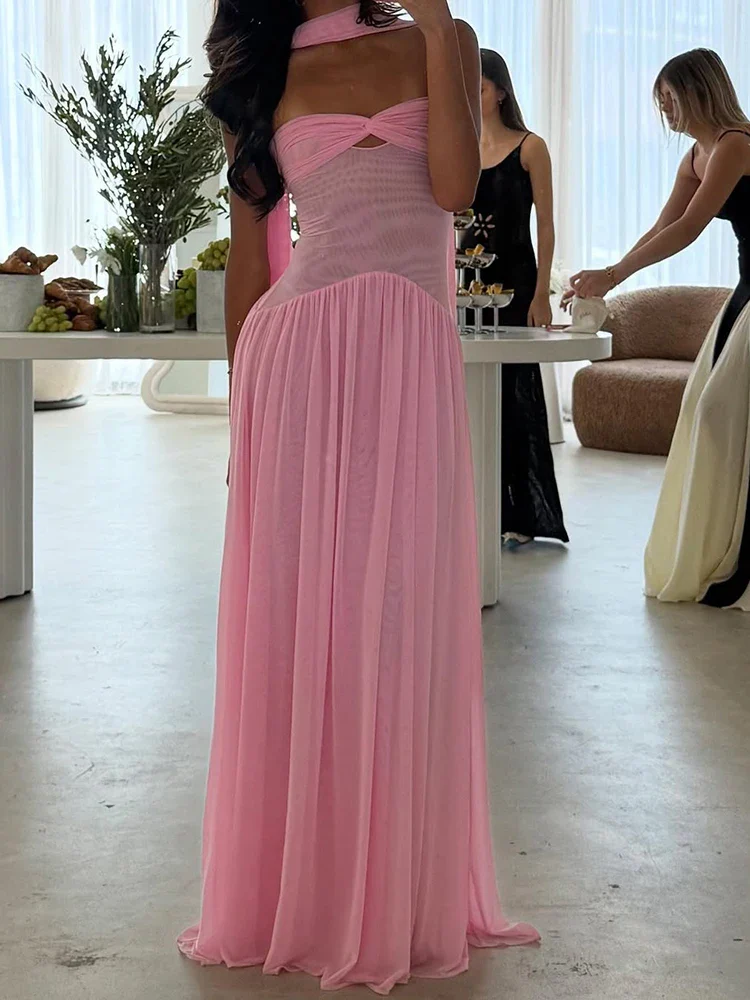 Strapless Mesh Ribbon One-Shoulder Maxi Dress - Image 4