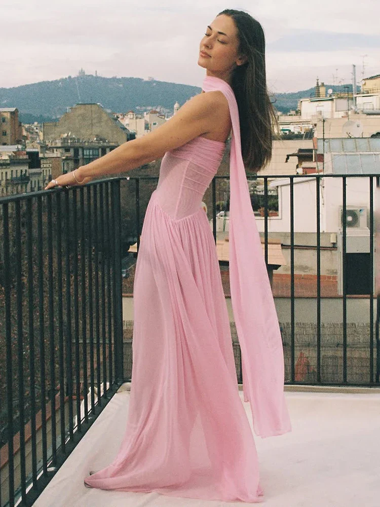 Strapless Mesh Ribbon One-Shoulder Maxi Dress - Image 5