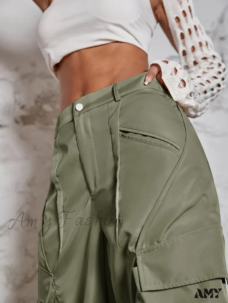 Amy Fashion - Street Flap Pocket Wide Leg Cargo Pants - Image 3