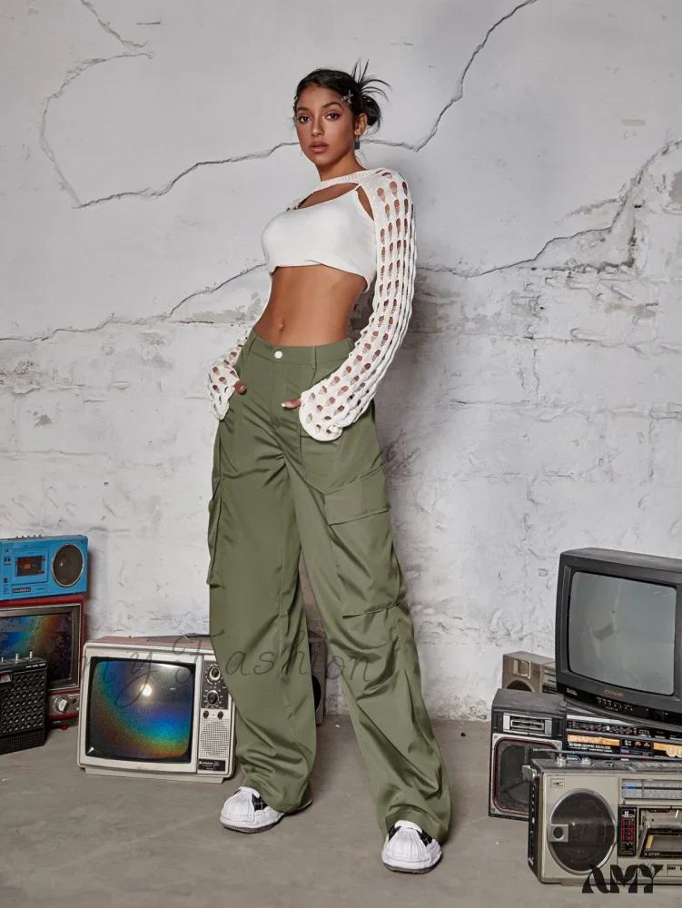 Amy Fashion - Street Flap Pocket Wide Leg Cargo Pants - Image 5