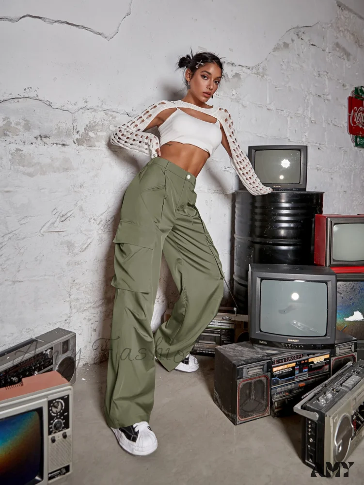 Amy Fashion - Street Flap Pocket Wide Leg Cargo Pants - Image 6