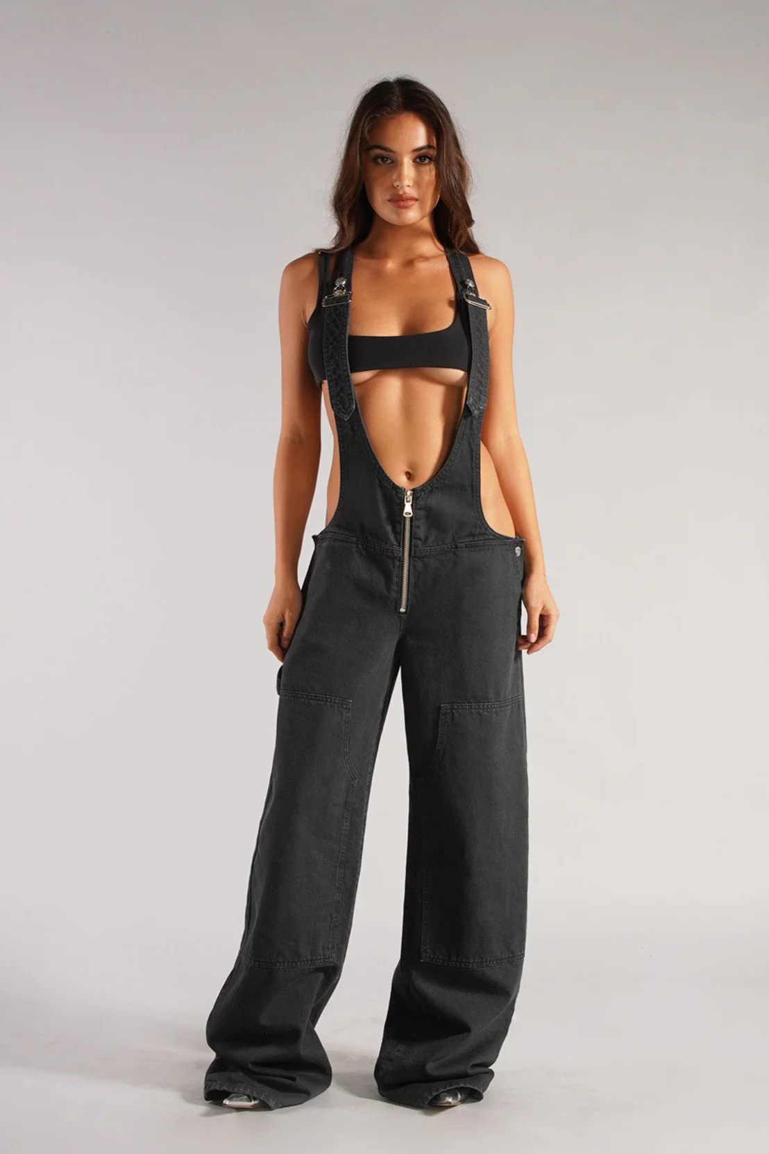 Street Style Low-Rise Suspender Wide-Leg Jeans - Image 11