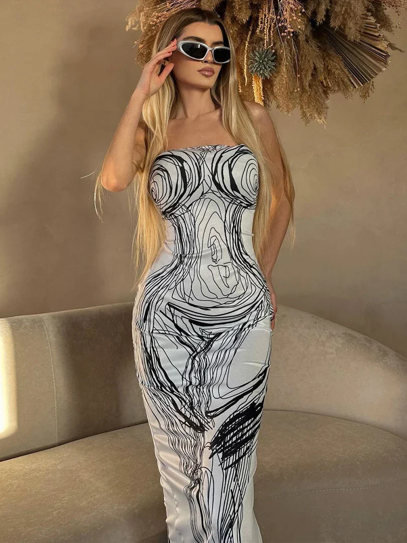 Stripe Backless Tube Bodycon Midi Dress - Image 3