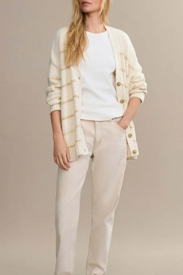 Striped Cotton V Neck Slouchy Knit Cardigan - Image 2