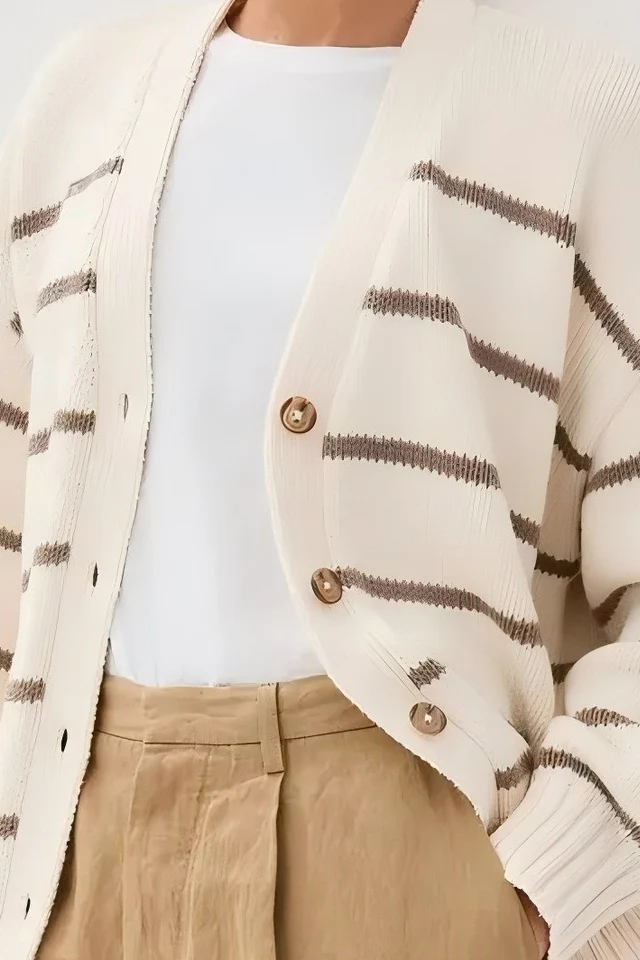 Striped Cotton V Neck Slouchy Knit Cardigan - Image 3