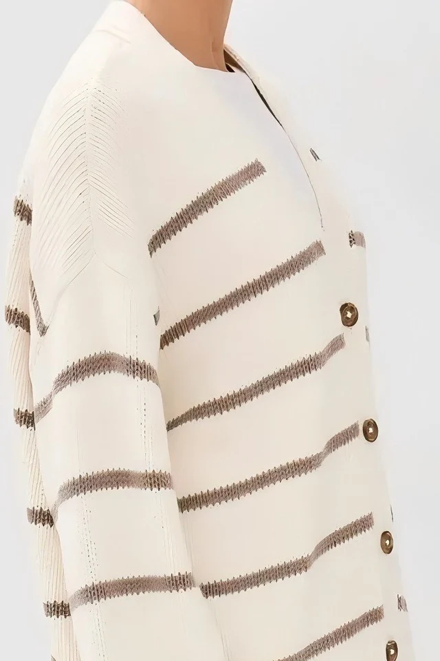 Striped Cotton V Neck Slouchy Knit Cardigan - Image 4
