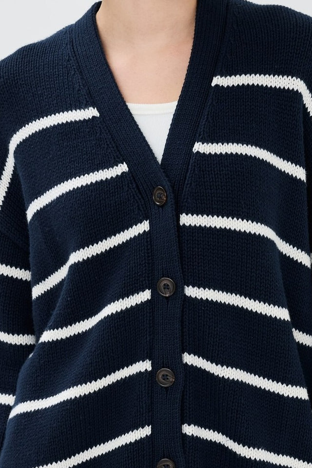 Striped Cotton V Neck Slouchy Knit Cardigan - Image 5
