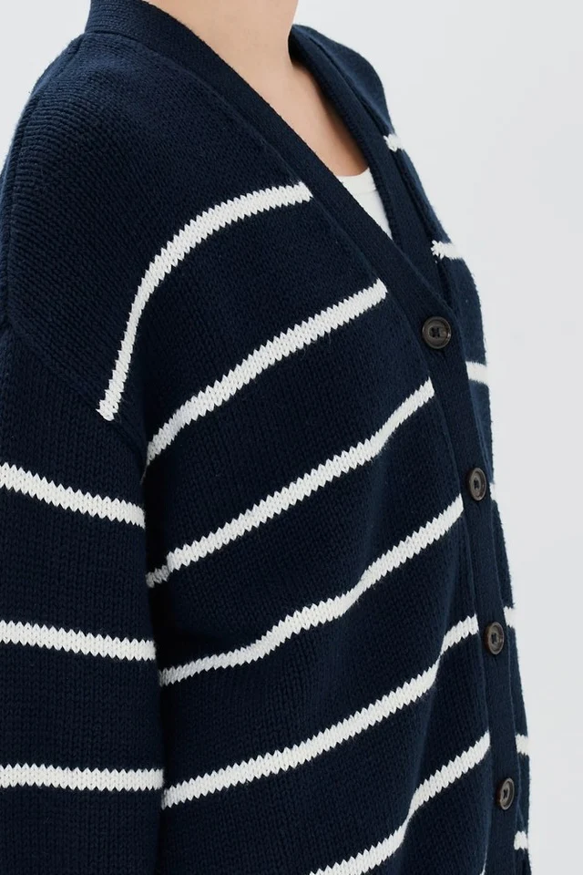 Striped Cotton V Neck Slouchy Knit Cardigan - Image 6