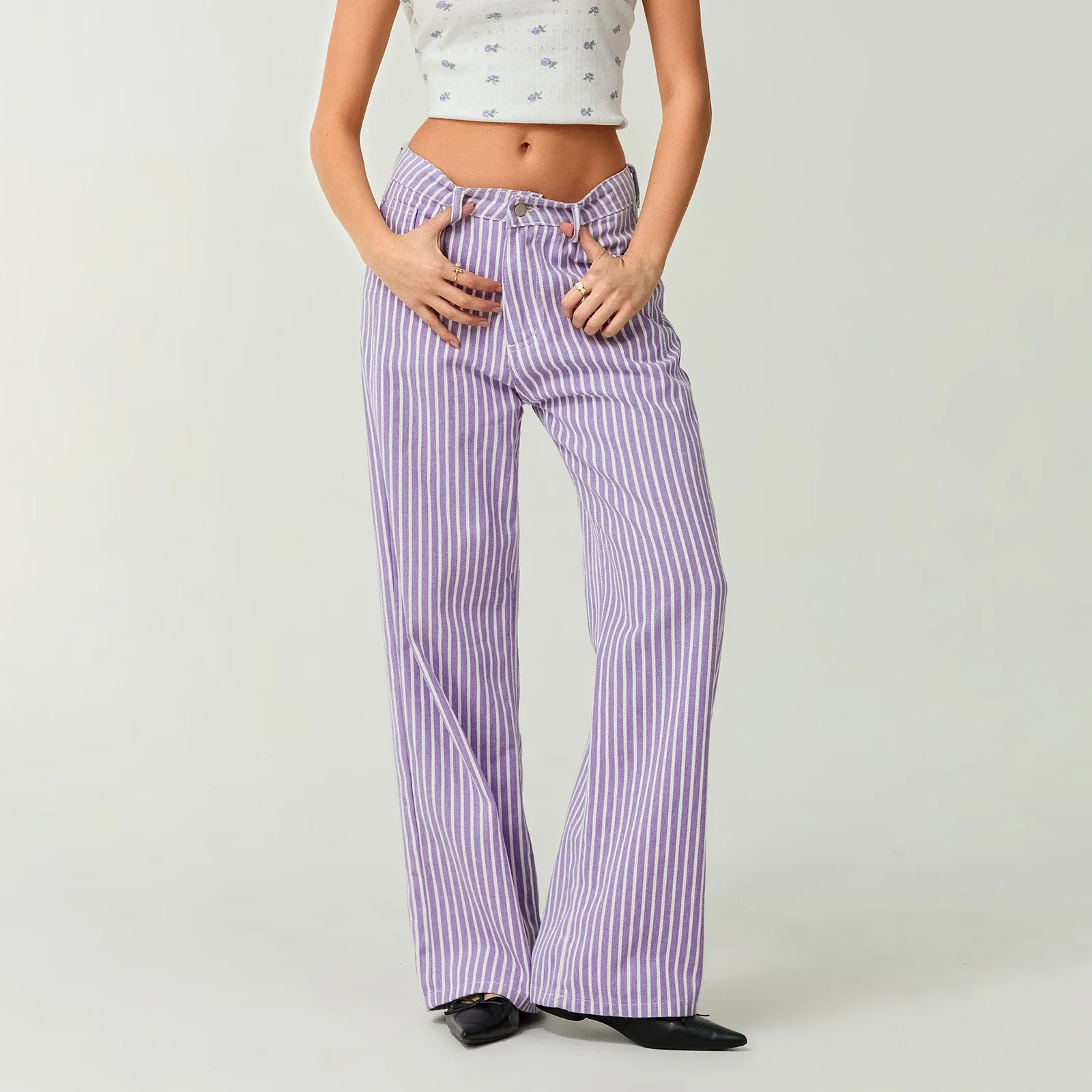 Striped High Rise Wide Denim Pant
