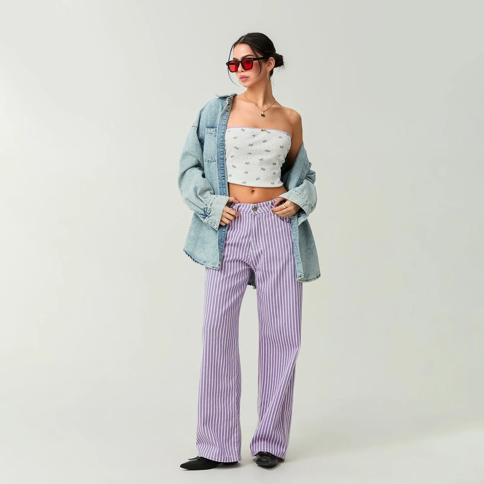 Striped High Rise Wide Denim Pant - Image 2
