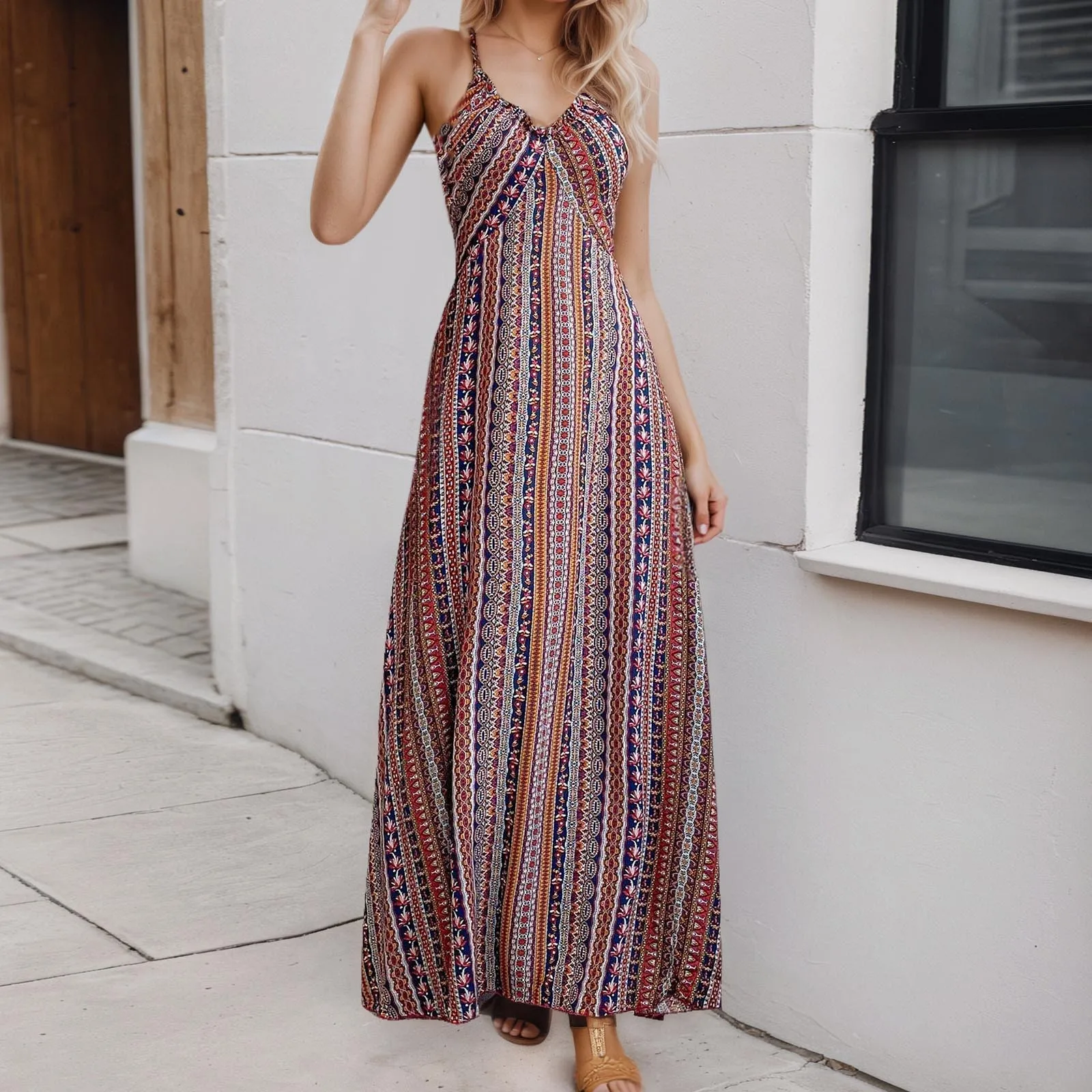 Striped Sleeveless Side Slit Rainbow Boho Dress - Image 2