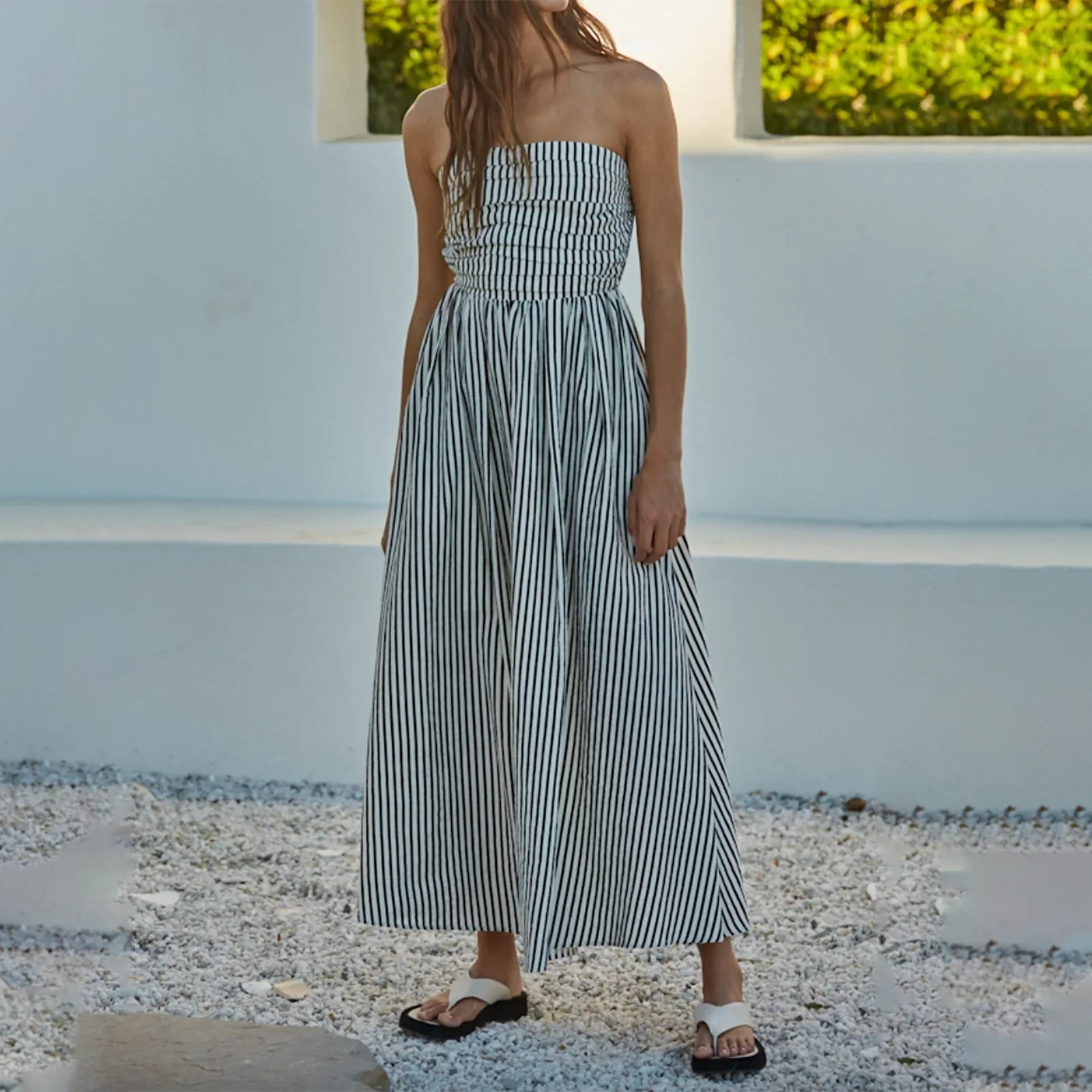 Striped Strapless Flowy Tube Midi Dress - Image 2