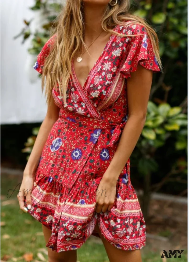 Amy Fashion - Summer Boho Floral Print Mini Wrap Beach Boho Dress - Image 10
