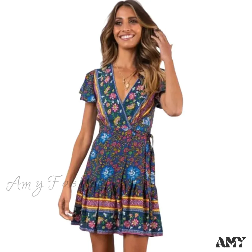 Amy Fashion - Summer Boho Floral Print Mini Wrap Beach Boho Dress - Image 2
