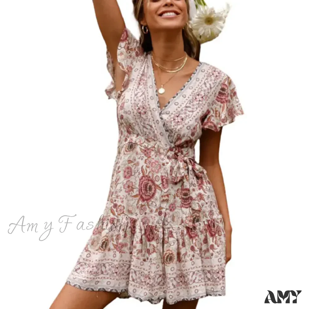 Amy Fashion - Summer Boho Floral Print Mini Wrap Beach Boho Dress - Image 3