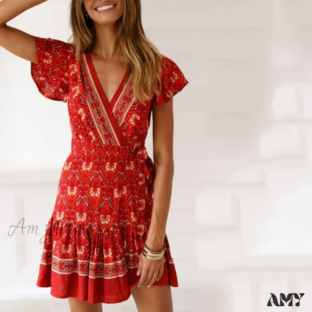 Amy Fashion - Summer Boho Floral Print Mini Wrap Beach Boho Dress - Image 4
