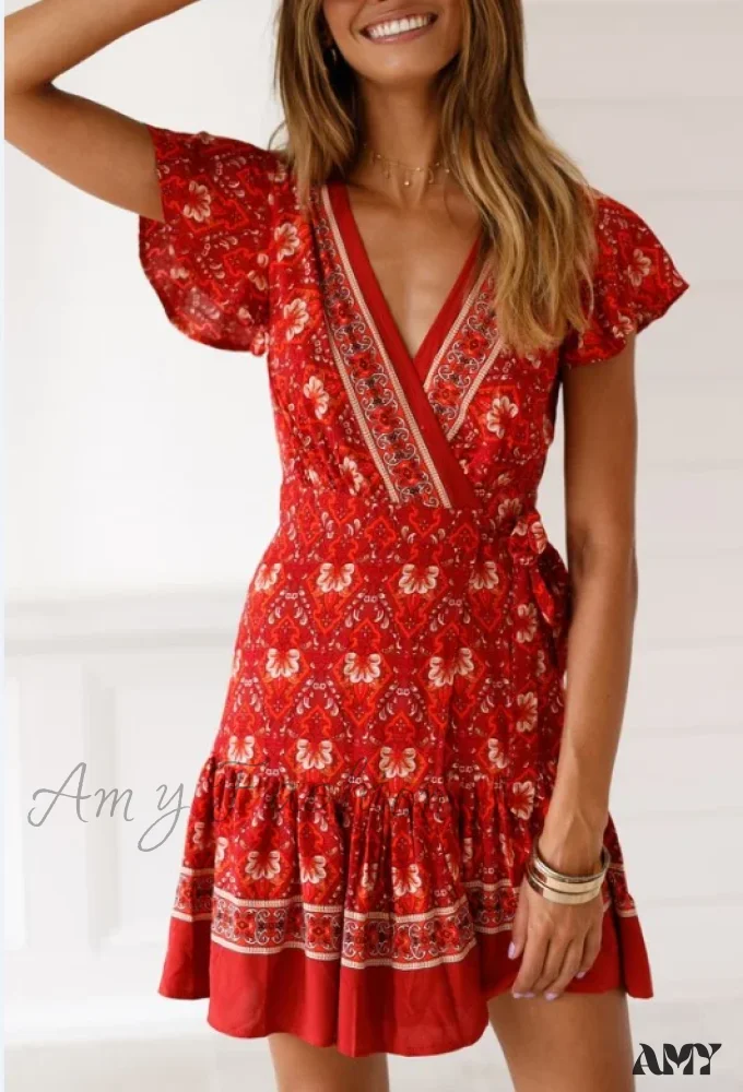 Amy Fashion - Summer Boho Floral Print Mini Wrap Beach Boho Dress - Image 7