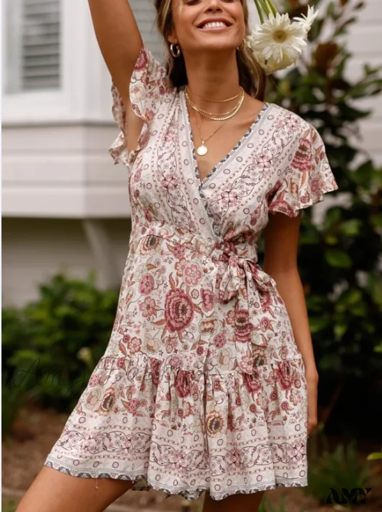 Amy Fashion - Summer Boho Floral Print Mini Wrap Beach Boho Dress - Image 8