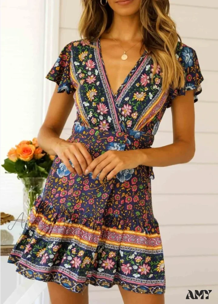 Amy Fashion - Summer Boho Floral Print Mini Wrap Beach Boho Dress - Image 9