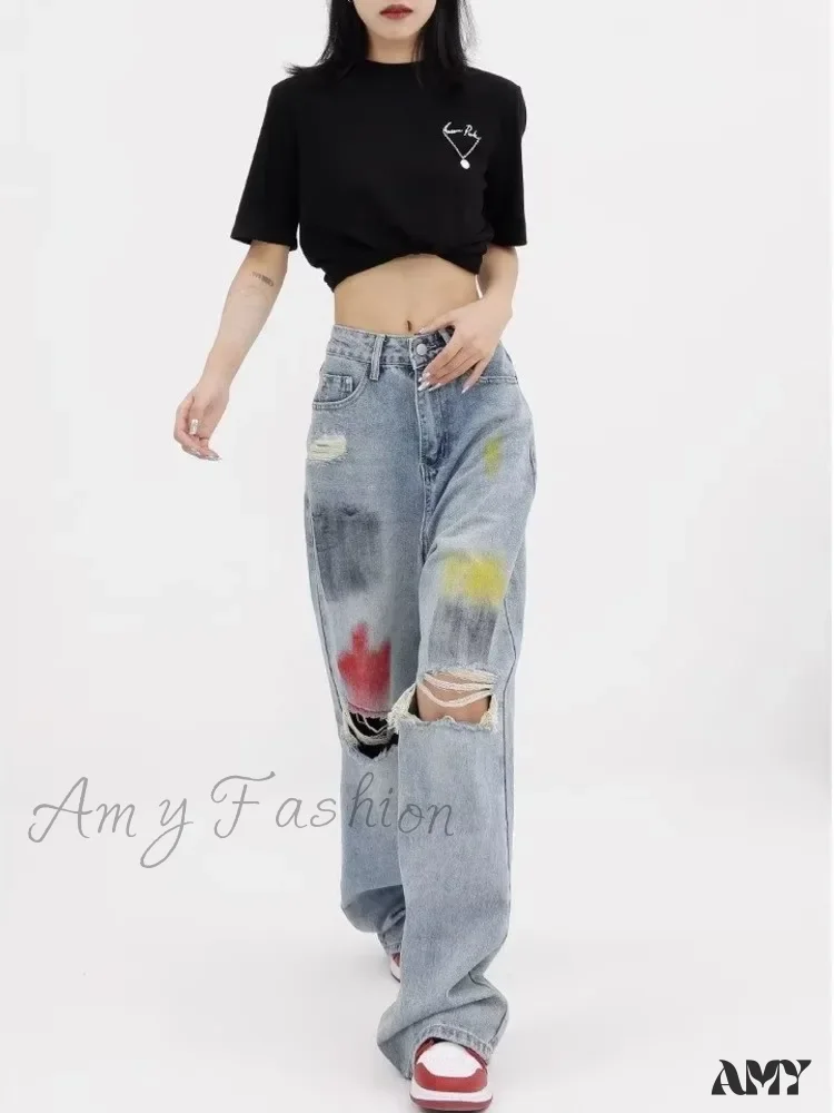 Amy Fashion - Summer Graffiti Blue Wash Hole New Floor Slam Straight Leg Jean