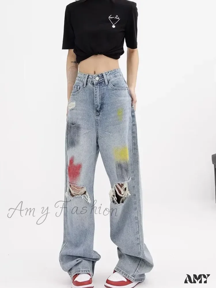 Amy Fashion - Summer Graffiti Blue Wash Hole New Floor Slam Straight Leg Jean - Image 2