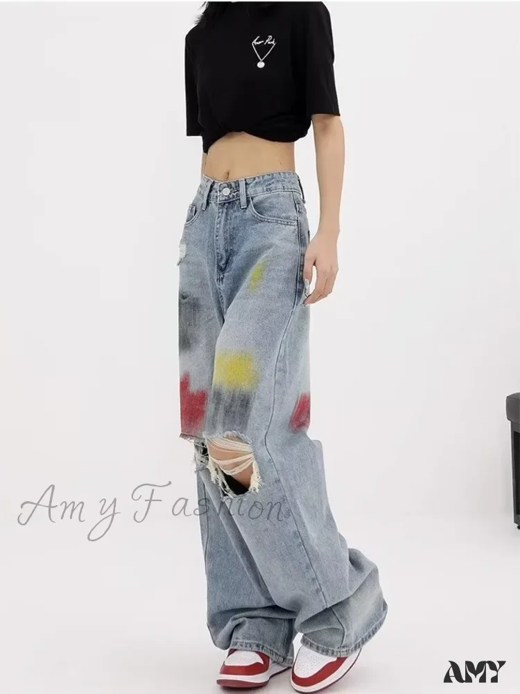 Amy Fashion - Summer Graffiti Blue Wash Hole New Floor Slam Straight Leg Jean - Image 3