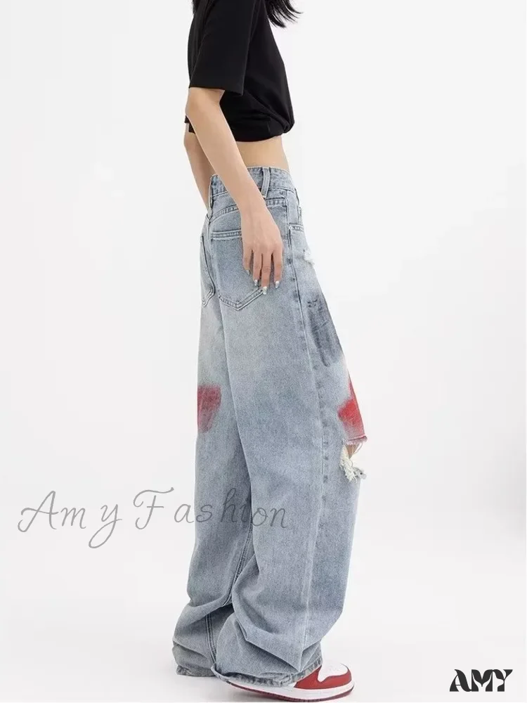 Amy Fashion - Summer Graffiti Blue Wash Hole New Floor Slam Straight Leg Jean - Image 4